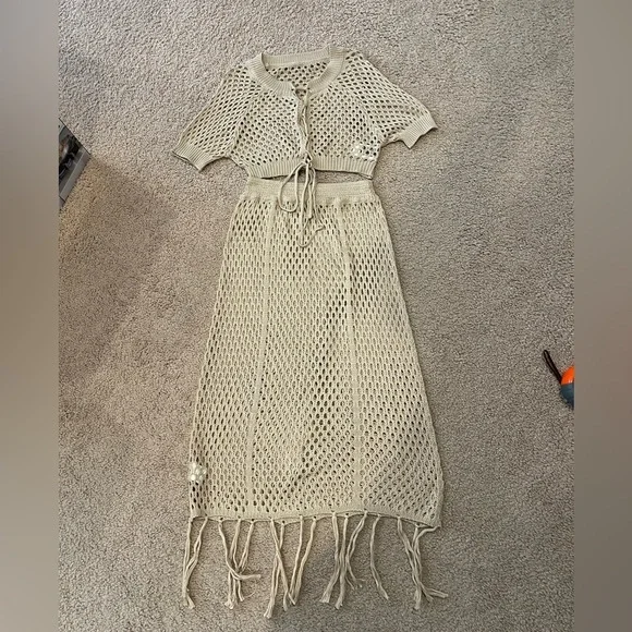 SHEIN Sheer Lace Up Knit Crop Top & Skirt Cover Up - Picture 2 of 11